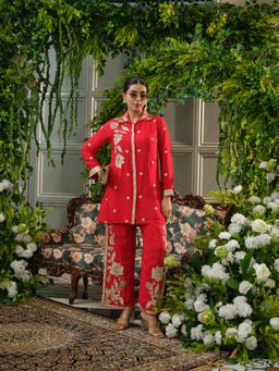 Gahan - Collar Neck Red Chinnon Handwork Embroidered Co-Ord Set