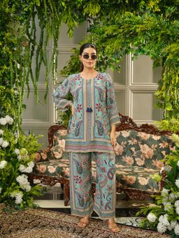 Gahan - Tassels & Handwork Sea Blue Printed Natural Crepe Silk Co-Ord Set