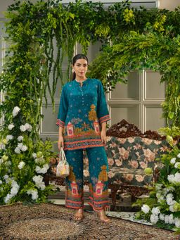 Gahan - Heavy Handwork Teal Digital Print Co-Ord Set