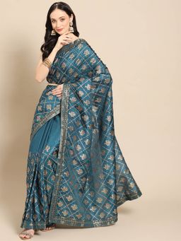 Odette - Teal Silk Printed Saree with Unstitched Blouse