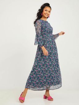 Styli - Blue Bell Sleeves Floral Print Gathered Waist Detail Maxi Dress