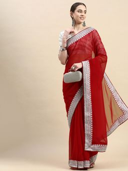 VAIRAGEE - Red Soft Georgette Silver Embroidered Border Saree with Unstitched Blouse
