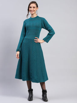 Monte Carlo - Women's Self Design Green Round Neck Full Sleeve Dress