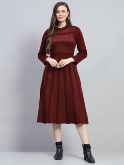 Monte Carlo - Women's Self Design Maroon Round Neck Full Sleeve Dress