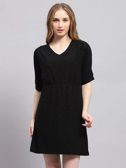 Monte Carlo - Women's Self Design Black V Neck Half Sleeve Dress
