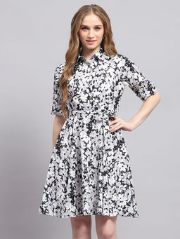 Monte Carlo - Women's Printed White Collared Neck Half Sleeve Dress with Belt (Set of 2)