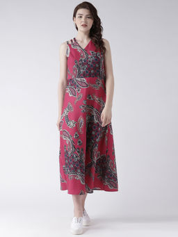 Dodo & Moa - Pink and Black Ethnic Motifs Crepe A-Line Midi Dress