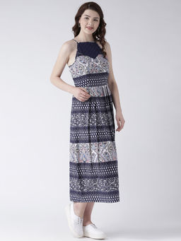 Dodo & Moa - Navy Blue Halter Neck Ethnic Motifs Empire Midi Dress