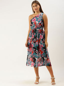 Dodo & Moa - Teal Women Red Floral Midi Dress