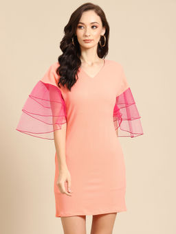 Dodo & Moa - Peach-Coloured Flared Sleeves Sheath Dress