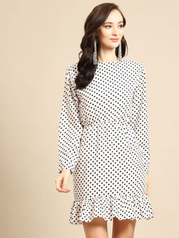 Dodo & Moa - White and Black Polka Dots Print A-Line Dress