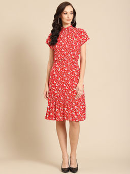 Dodo & Moa - Red and White Floral Print A-Line Dress