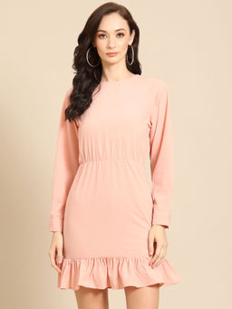 Dodo & Moa - Peach-Coloured Solid Gathered A-Line Dress