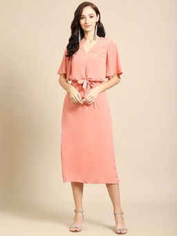 Dodo & Moa - Peach-Coloured Solid Cinched Waist A-Line Dress