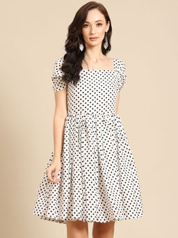 Dodo & Moa - White and Black Polka Dot Print A-Line Dress