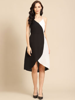 Dodo & Moa - Black and White Colour Blocked Tulip Hem A-Line Dress