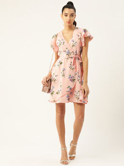 Dodo & Moa - Women Pink and Blue Floral Printed Wrap Dress