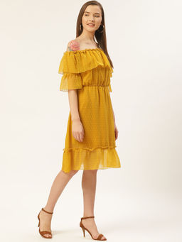Dodo & Moa - Women Mustard Yellow Off-Shoulder Self Design Dress
