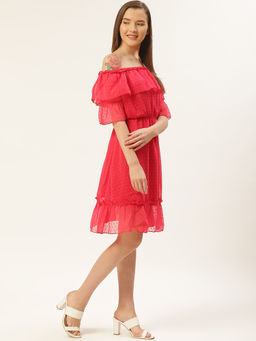Dodo & Moa - Women Red Self Design Off-Shoulder Blouson Dress