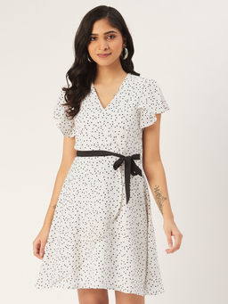 Dodo & Moa - Women White and Black Polka Dot Print Wrap Dress with Belt (Set of 2)