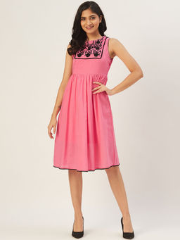 Dodo & Moa - Women Pink and Black Solid A-Line Dress with Embroidered Detail