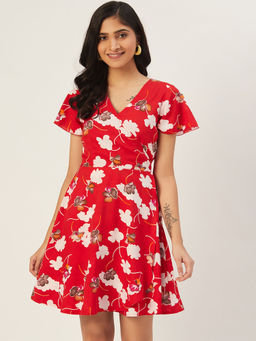 Dodo & Moa - Women Red and White Floral Print Wrap Dress