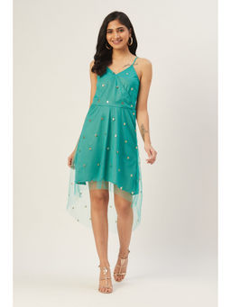 Dodo & Moa - Women Sea Green Embellished Net Wrap Dress