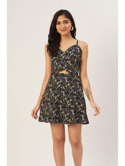 Dodo & Moa - Black and Yellow Floral Crepe Cut-Outs Dress