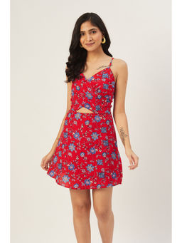Dodo & Moa - Women Red and Blue Floral Printed A-Line Dress