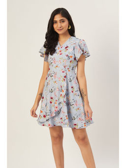 Dodo & Moa - Women Blue and Pink Printed Wrap Dress