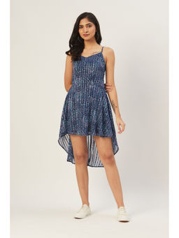 Dodo & Moa - Women Blue and Off-White Floral Print A-Line High-Low Dress