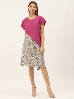 Dodo & Moa - Women Pink and Beige Layered Floral Print A-Line Dress