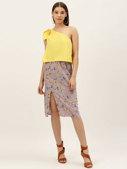 Dodo & Moa - Women Yellow and Purple One-Shoulder Layered Printed Sheath Dress