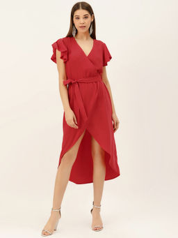 Dodo & Moa - Women Red Solid Wrap Dress with Belt (Set of 2)