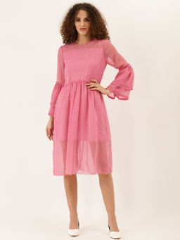 Dodo & Moa - Women Pink Dobby Weave A-Line Dress