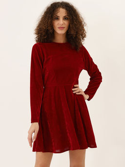 Dodo & Moa - Women Maroon Velvet Finish Solid Fit and Flare Dress