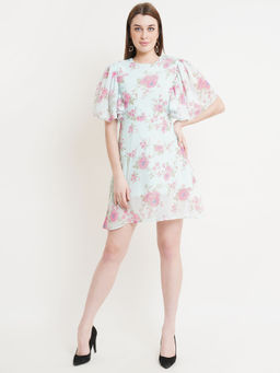Dodo & Moa - Sea Green and Pink Floral Georgette Dress