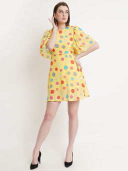 Dodo & Moa - Yellow and Red Polka Dots Printed Flared Sleeves Fit and Flare Dress