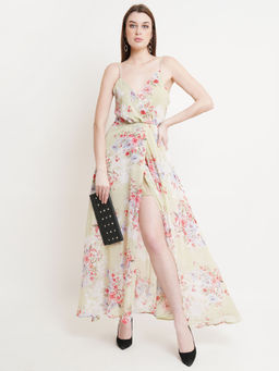 Dodo & Moa - Green and Red Floral Printed Georgette Maxi Dress