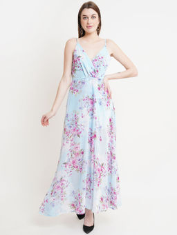 Dodo & Moa - Blue and Fuchsia Floral Printed Maxi Fit and Flared Dress