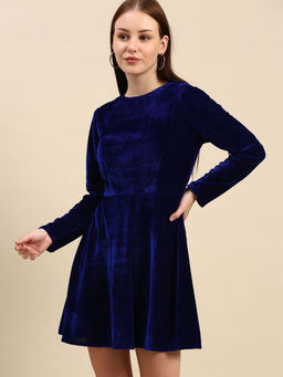 Dodo & Moa - Navy Blue Solid Velvet Finish Mini Dress