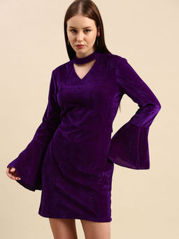 Dodo & Moa - Purple Solid Velvet Finish Bodycon Mini Dress