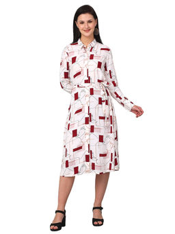Cantabil - Women Ivory Collar-Neck Printed Dress with Belt (Set of 2)