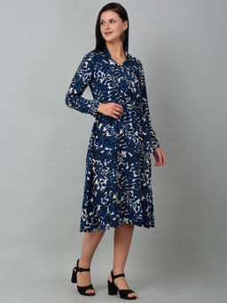 Cantabil - Women's Blue Printed Full Sleeves Casual Dress with Belt (Set of 2)