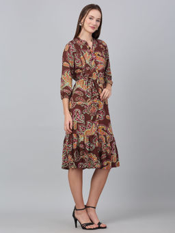 Cantabil - Women's Brown Paisley Print Casual Dress with Belt (Set of 2)
