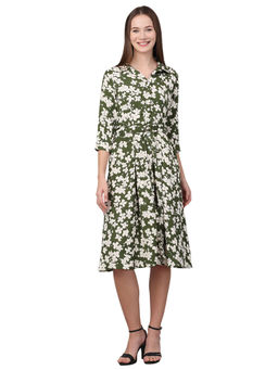Cantabil - Women's Green Floral Printed Casual Dress with Belt (Set of 2)