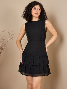 Kibo - Black Polycrepe Sleeveless Ruffled Dress