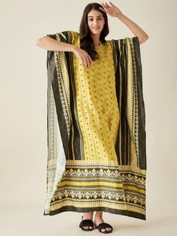 The Kaftan Company - Yellow Geometric Fusion Satin Kaftan Nightdress