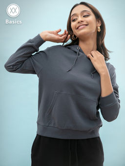 Twenty Dresses by Nykaa Fashion - Basics Charcoal Solid Hooded Sweatshirt