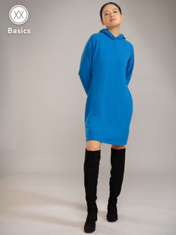 Twenty Dresses by Nykaa Fashion - Blue Solid Hooded Knee Length Dress